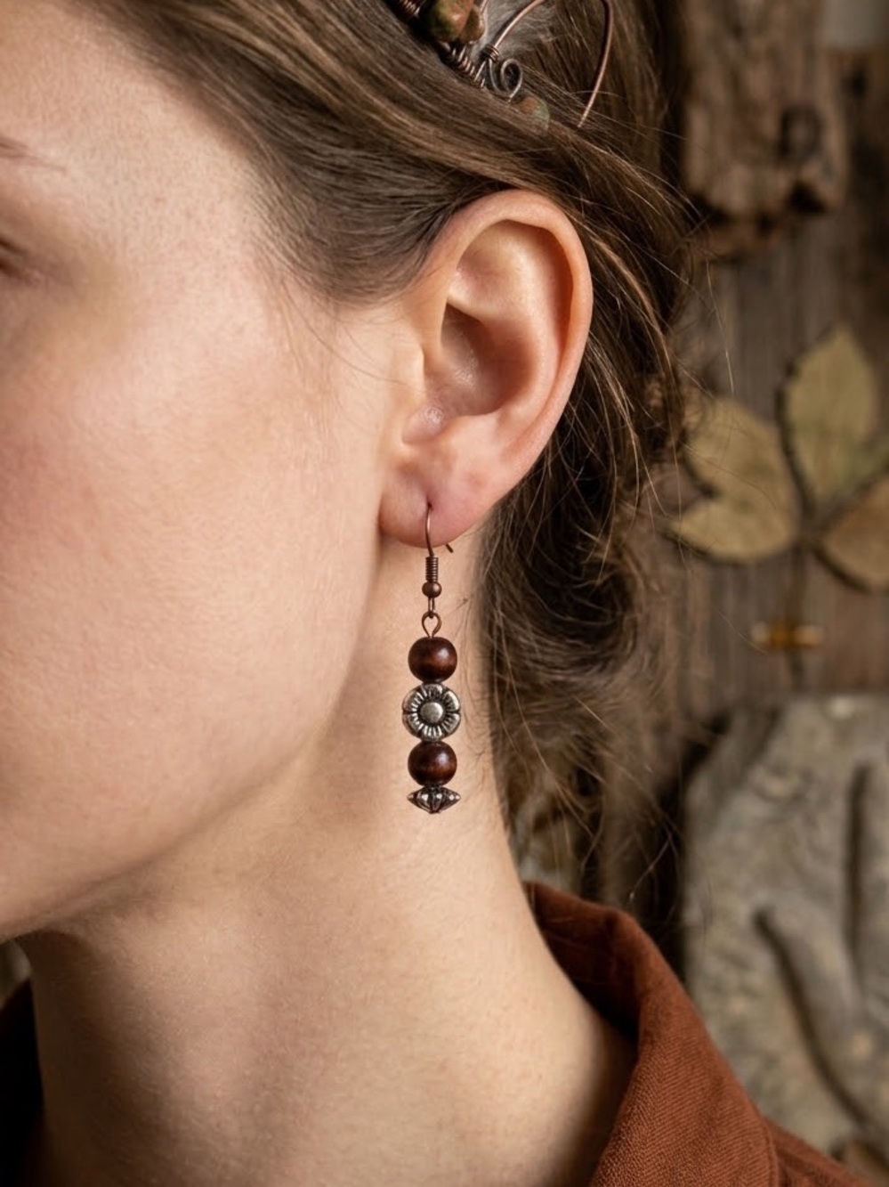 NEW Amimi handmade Brown and silver beaded earrings with hypoallergenic hooks #8